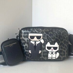 Karl Lagerfeld Maybelle Crossbody Black Ikons Leopard Airpods Coin Case
